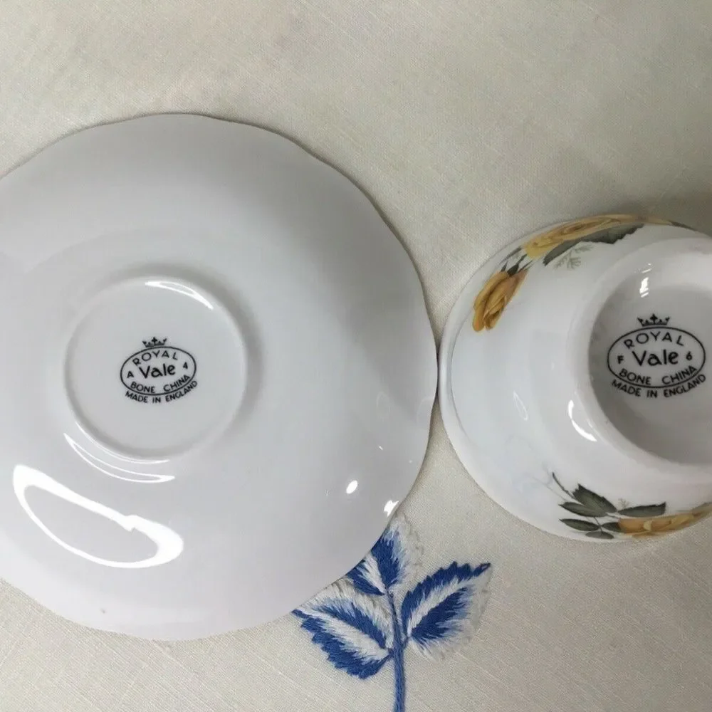 Royal Vale Yellow/Green Rose Tea Cup & Saucer‎ Set Bone China England